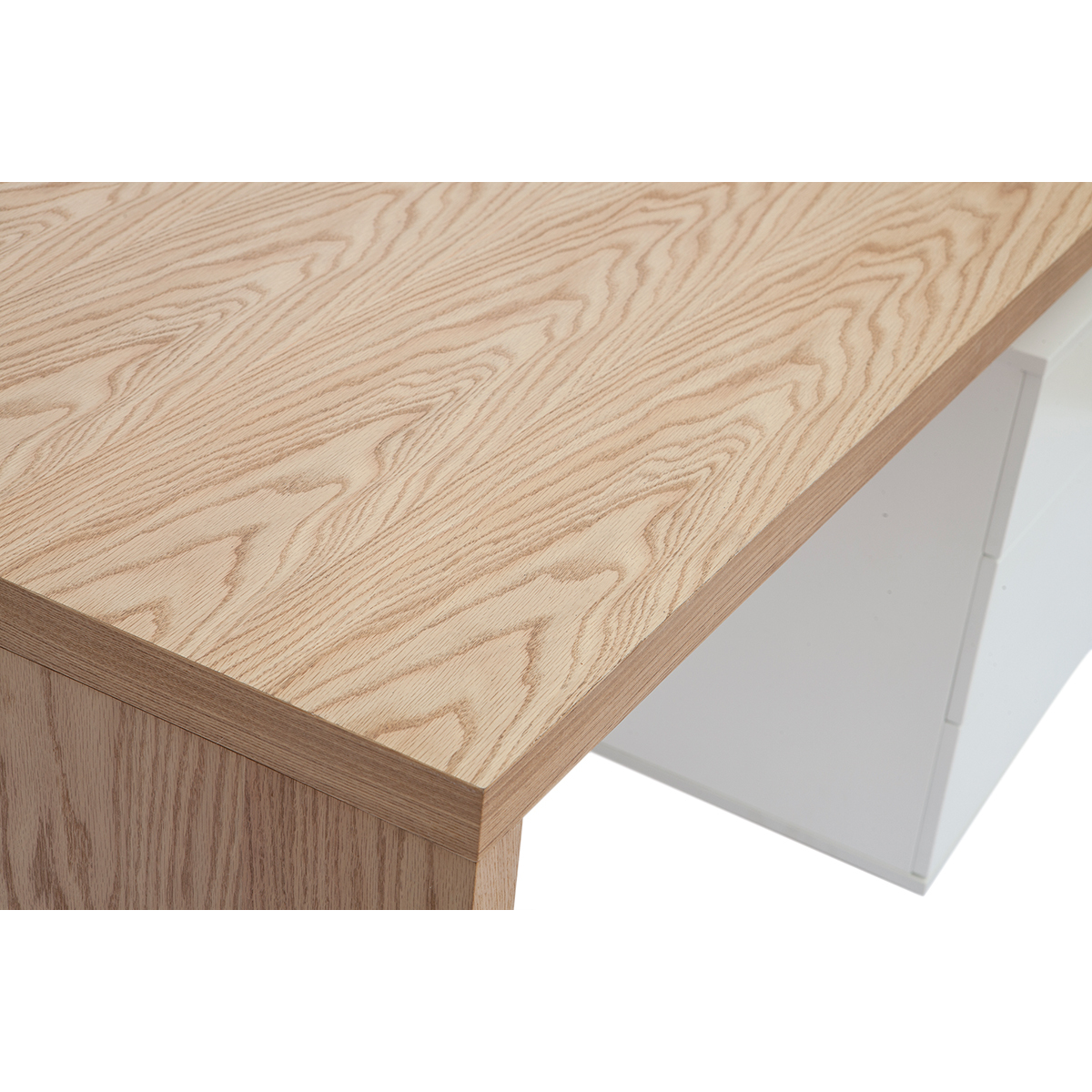 Bureau avec rangements 3 tiroirs design blanc laqué brillant L140 cm CALIX chêne clair, MILIBOO