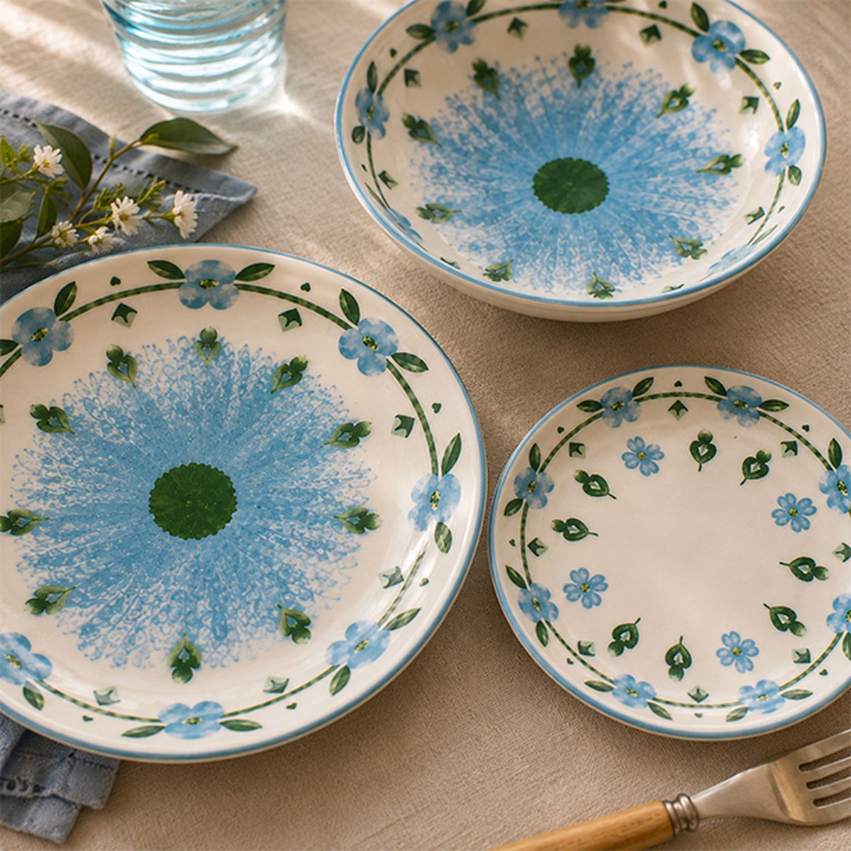 Lot de 6 assiettes plates 27cm en porcelaine, PRIMAVERA blanc et bleu, NOVASTYL