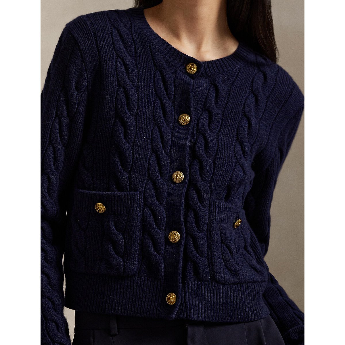 Cárdigan de cuello redondo con punto trenzado, 80% lana, 20% cachemira azul marino, POLO RALPH LAUREN