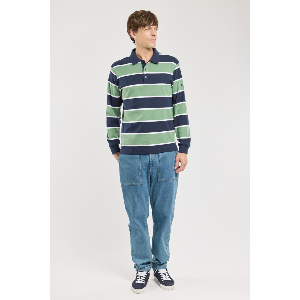Polo rayé manches longues - coton marine deep/ivy/blanc, ARMOR-LUX