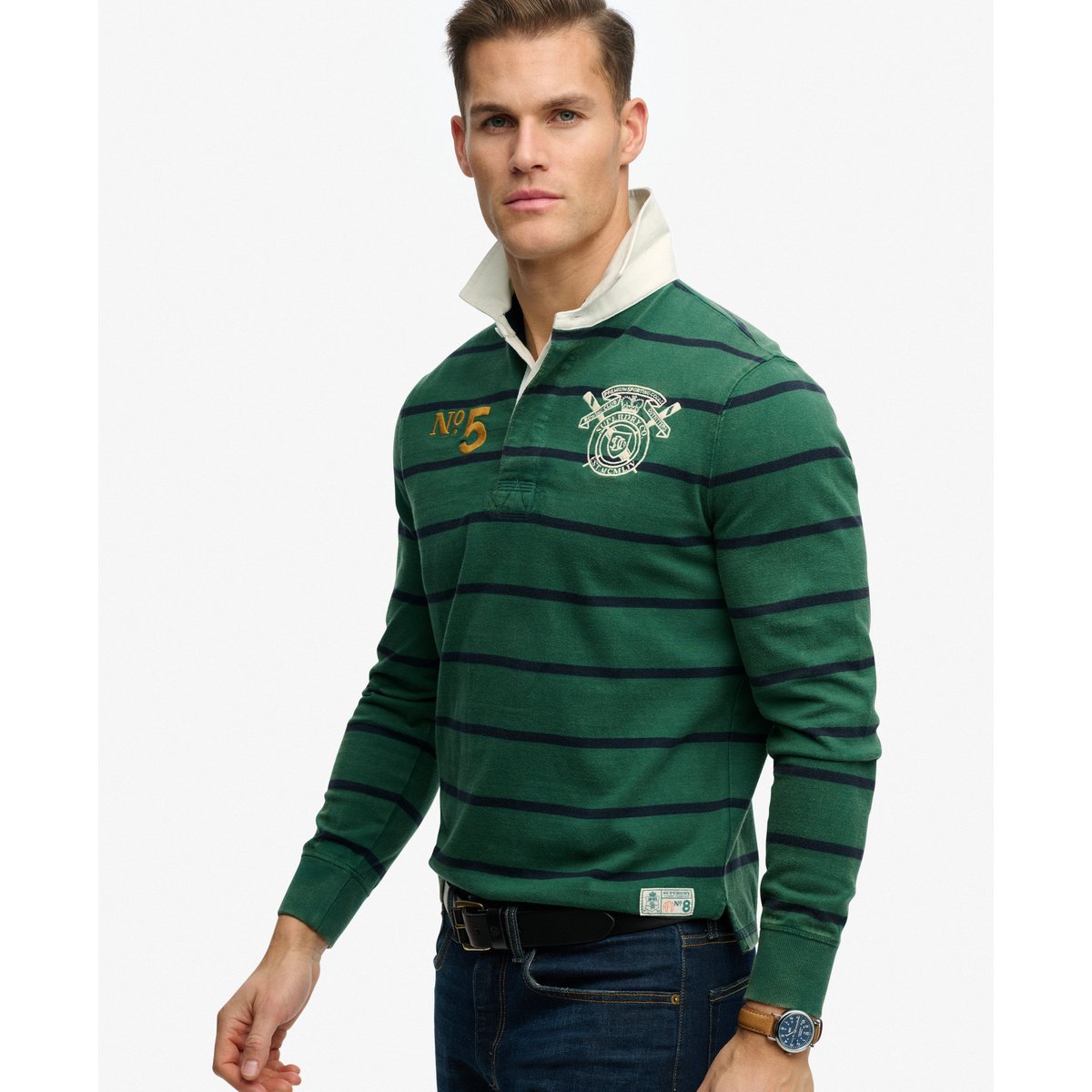 Polo de Rugby Double Emblem à Rayures rayé vert chasseur, SUPERDRY