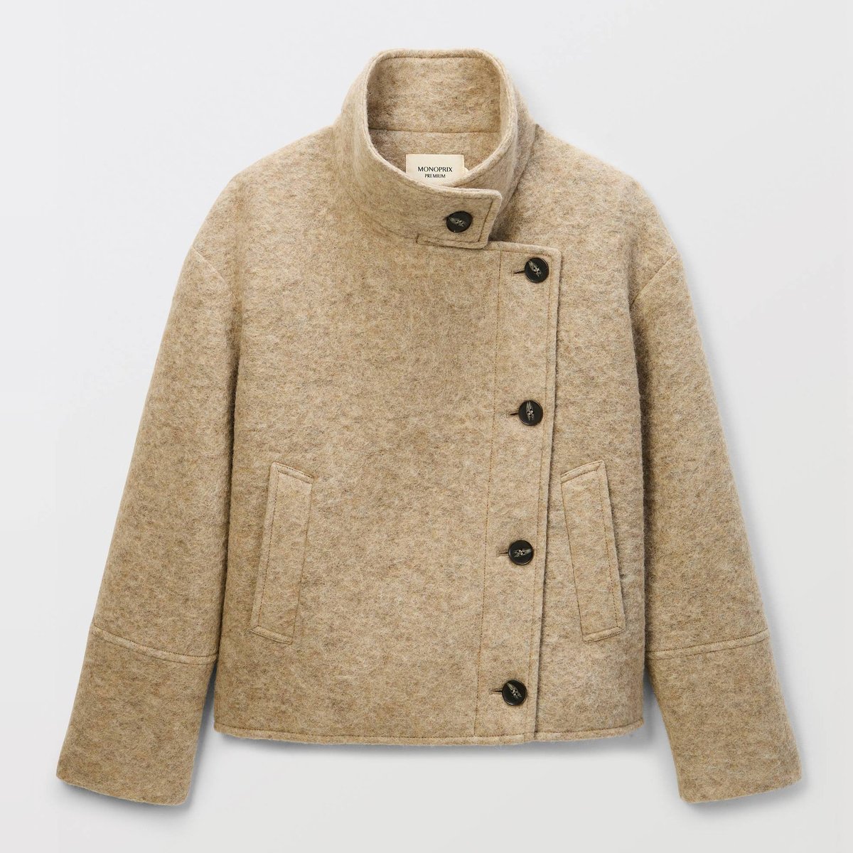 Manteau court croisé contenant de la laine pleurote, MONOPRIX