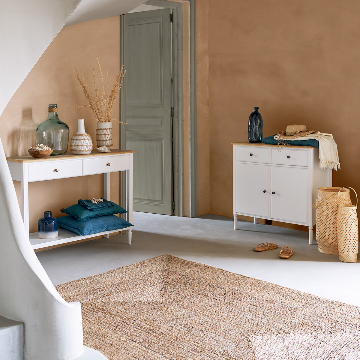 Console 2 tiroirs avec étagère en bois et frêne SOLEN blanc, ATMOSPHERA