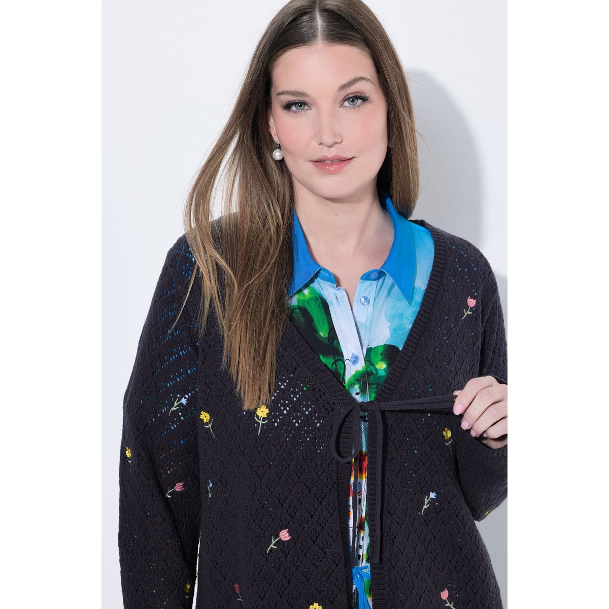 Cardigan encolure en V et manches longues marine, ULLA POPKEN