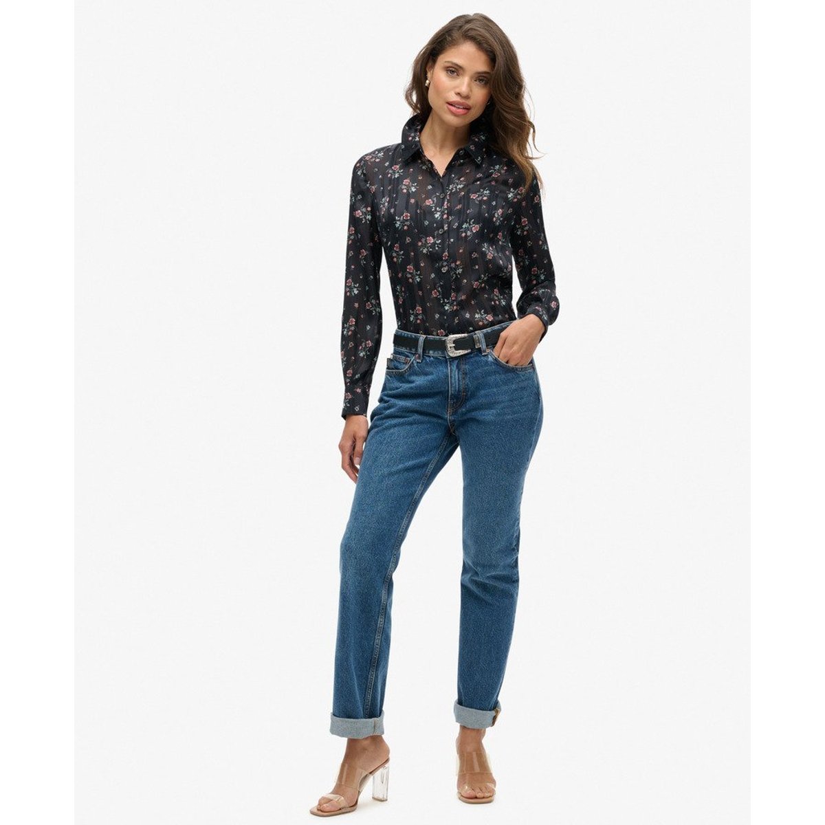 Chemisier imprimé transparent scintillant noir prairie automnale, SUPERDRY