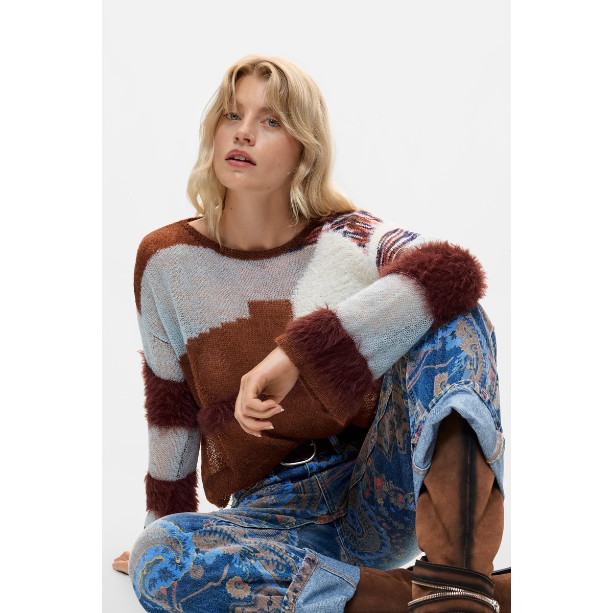 pull tricot combiné marron, DESIGUAL