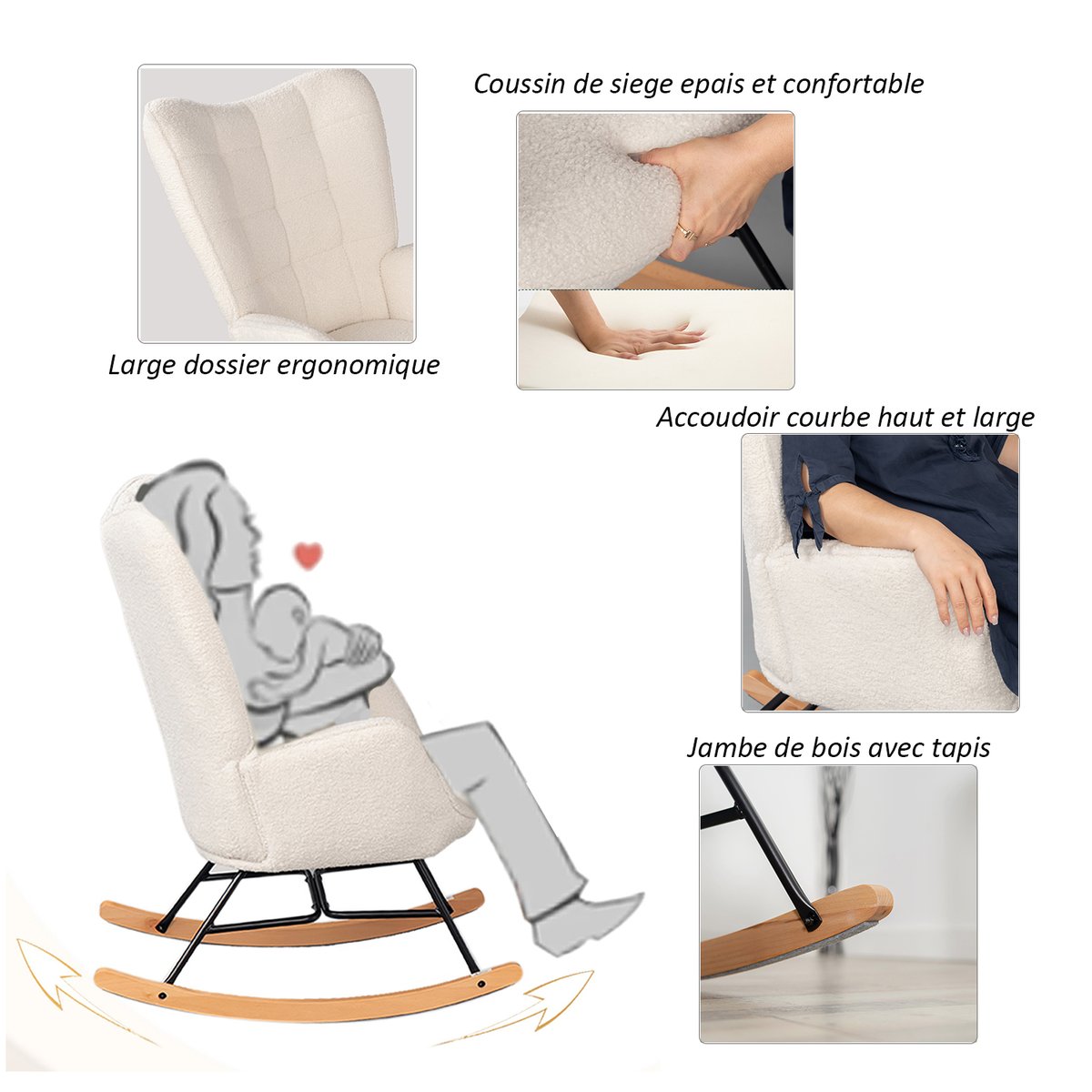 Fauteuil à bascule rocking chair style scandinave pieds en hêtre en tissu bouclette, FUNKEL blanc, MEUBLES COSY