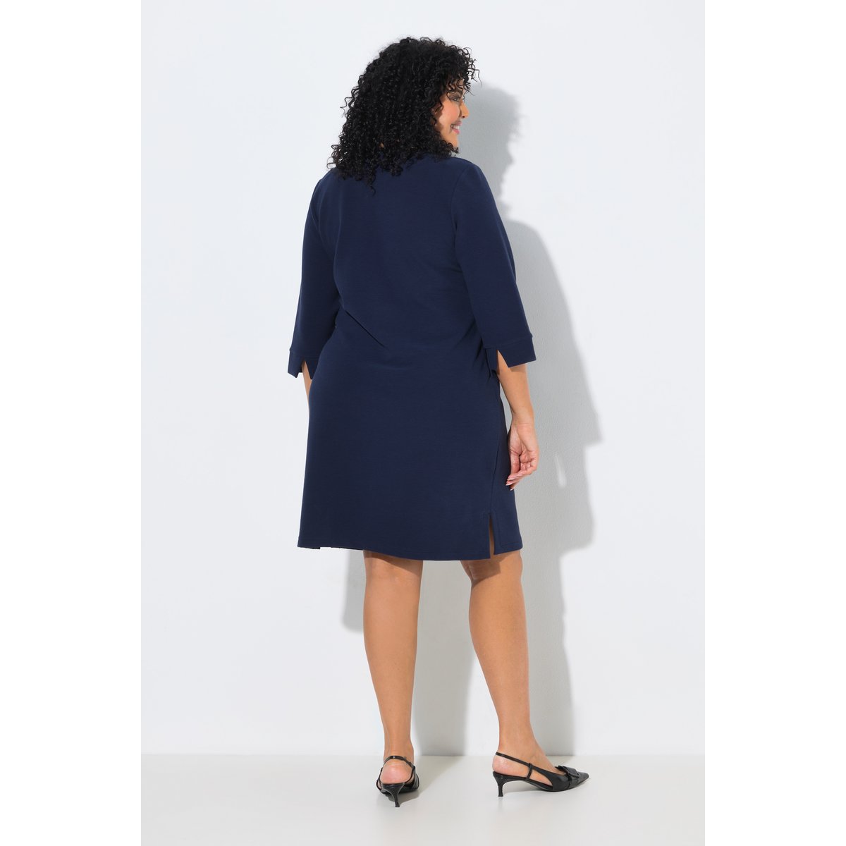 Robe texturée, col tunisien et manches 3/4 marine, ULLA POPKEN
