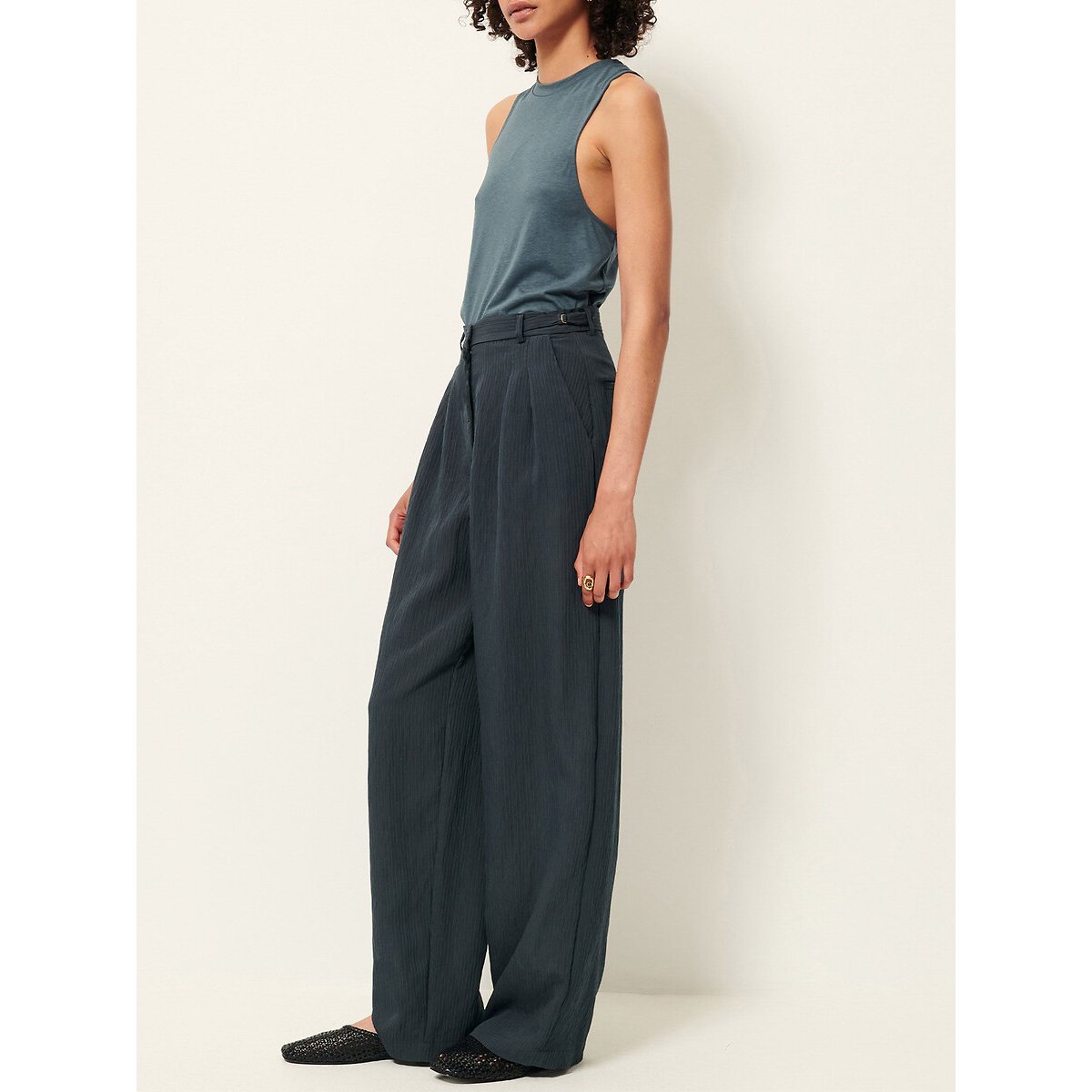 Emisun Striped Jacquard Wide Leg Trousers dark green, SESSUN