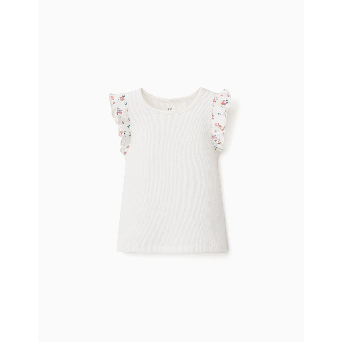 T-shirt en coton côtelé avec manches à volants beige clair, ZIPPY