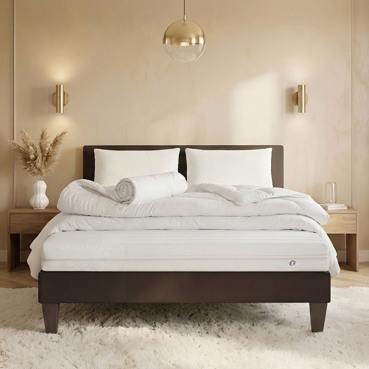 Pack prêt à dormir Egio - Matelas + Sommier + Couette, oreillers, protège-matelas - 12 cm d'épaisseur blanc, OLYMPE LITERIE