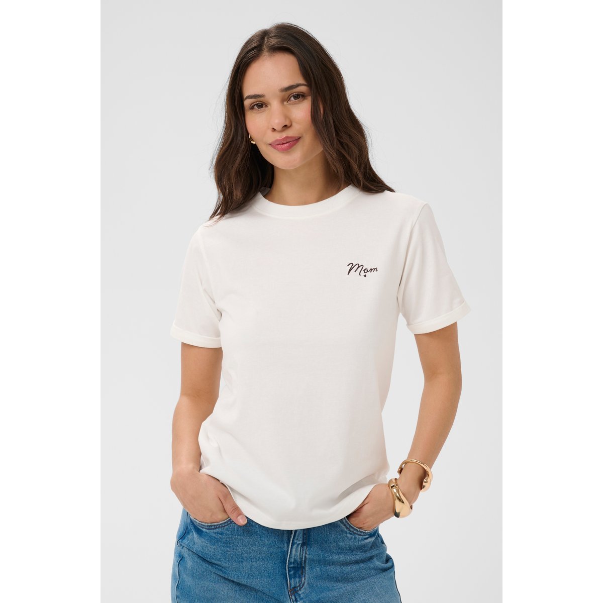 T-shirt à manches courtes blanc chalk/coffee bean emb., KAFFE