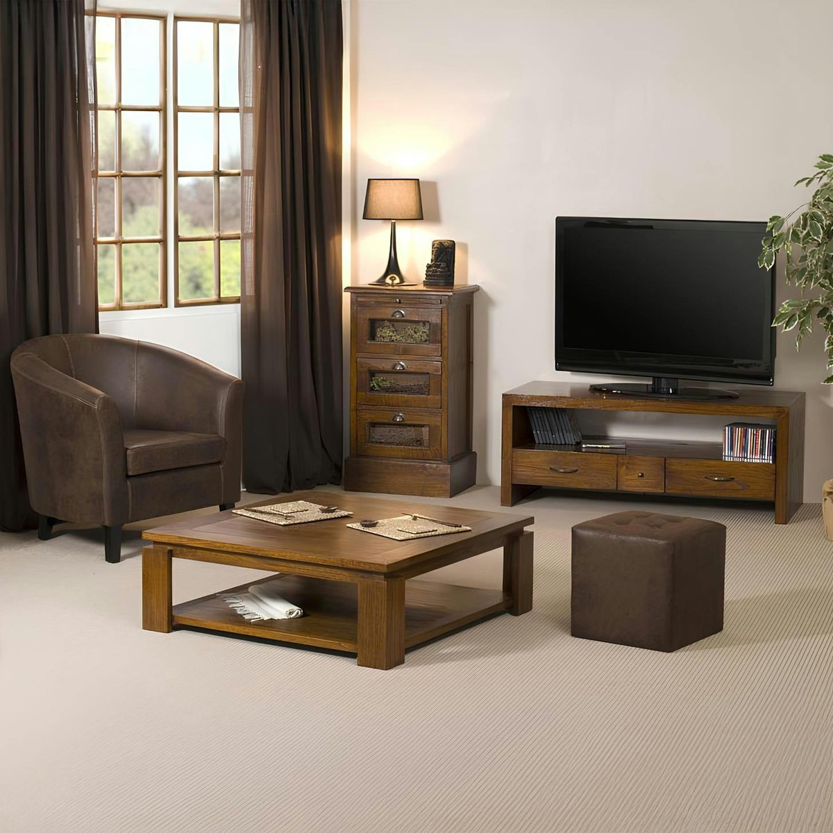 Table basse carrée 90cm style exotique double plateau bois mindi verni LOLA bois naturel, PIER IMPORT