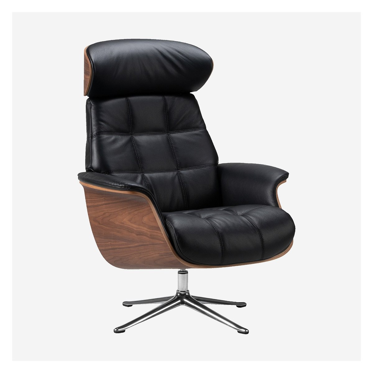 Fauteuil en cuir Savoy, bois plaqué noyer et aluminium poli MARC noir, argenté, HABITAT