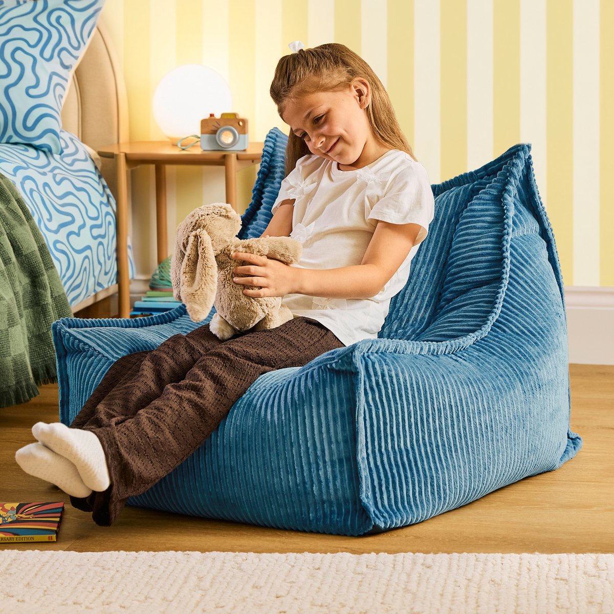 Pouf fauteuil grand enfant en velours côtelé Oeko-Tex® - ALTO bleu jeans, ICON