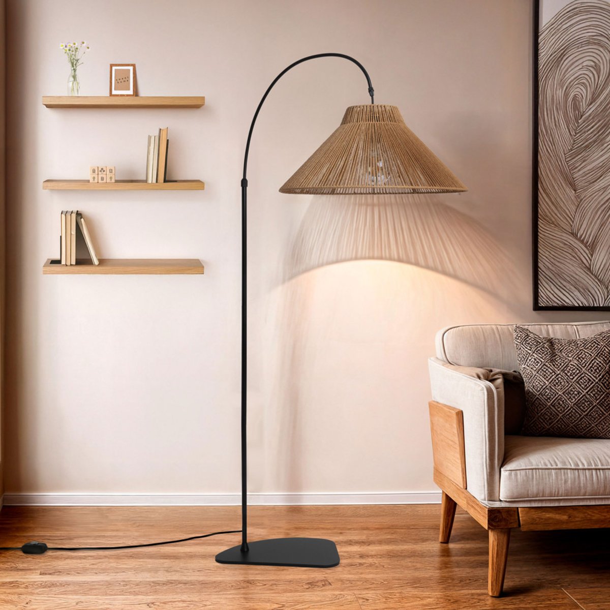 Lampadaire en métal avec abat-jour en corde H155cm- VANO bois clair, DRAWER