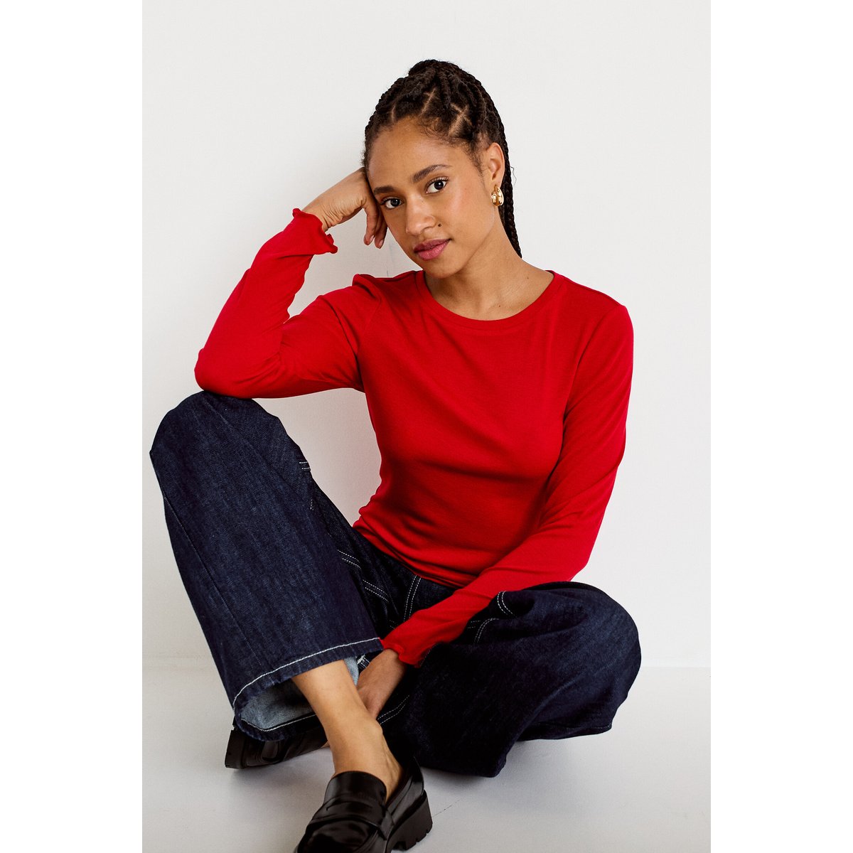 T-shirt ajusté col rond manches longues rouge, CACHE CACHE