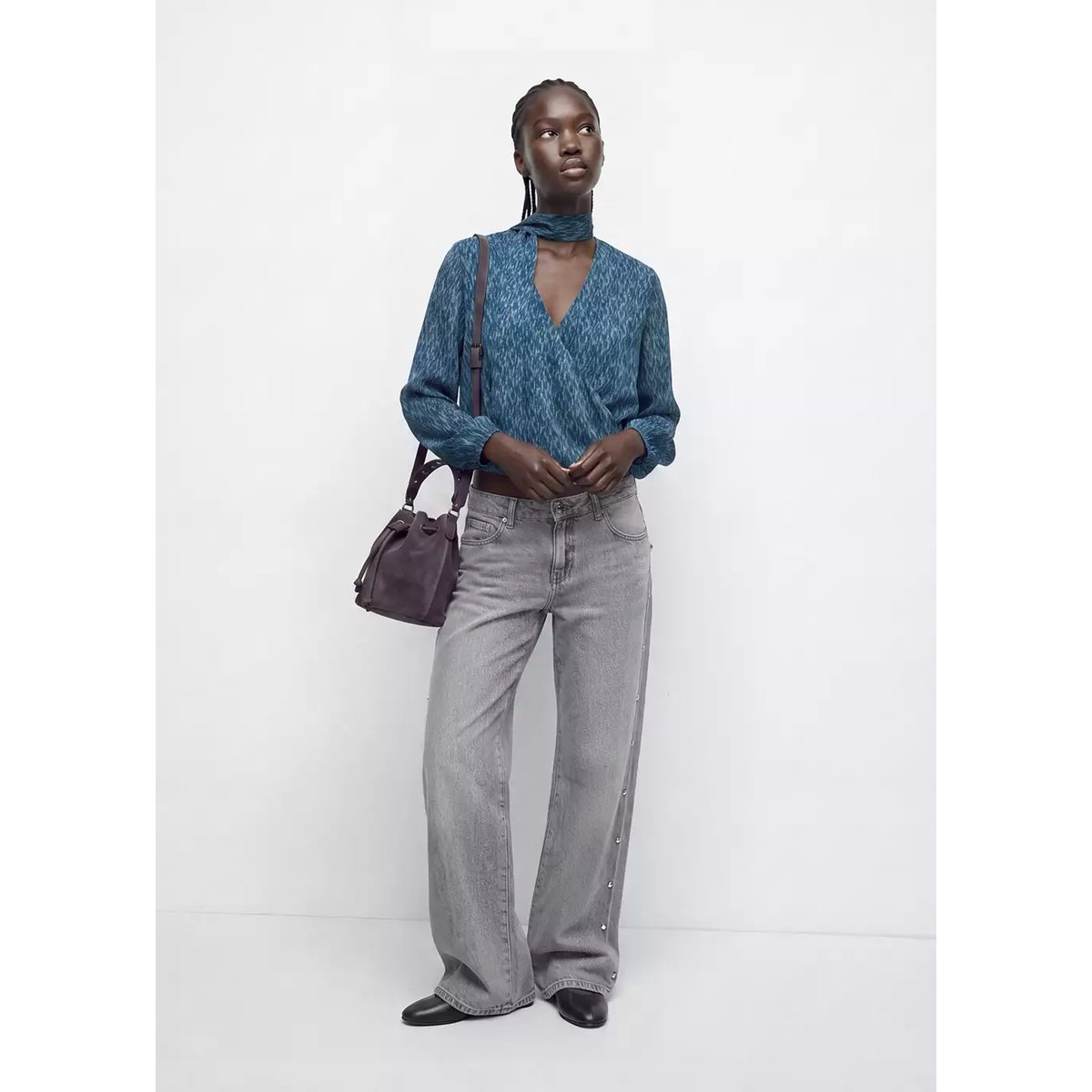 Blouse fluide imprimée avec détail de nœud bleu pétrole, MANGO TEEN