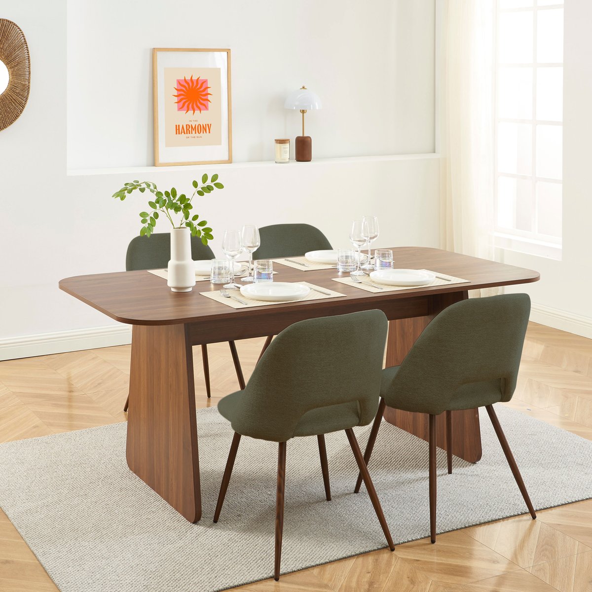 Ensemble table noyer et 4 chaises tissu  LANGO bois foncé, BAÏTA