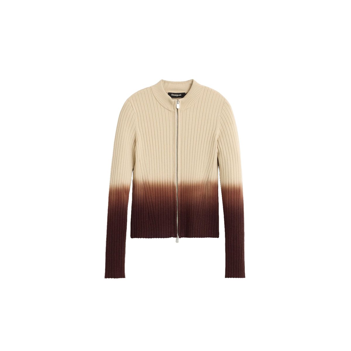 Pull zippé en maille côtelée beige, DESIGUAL