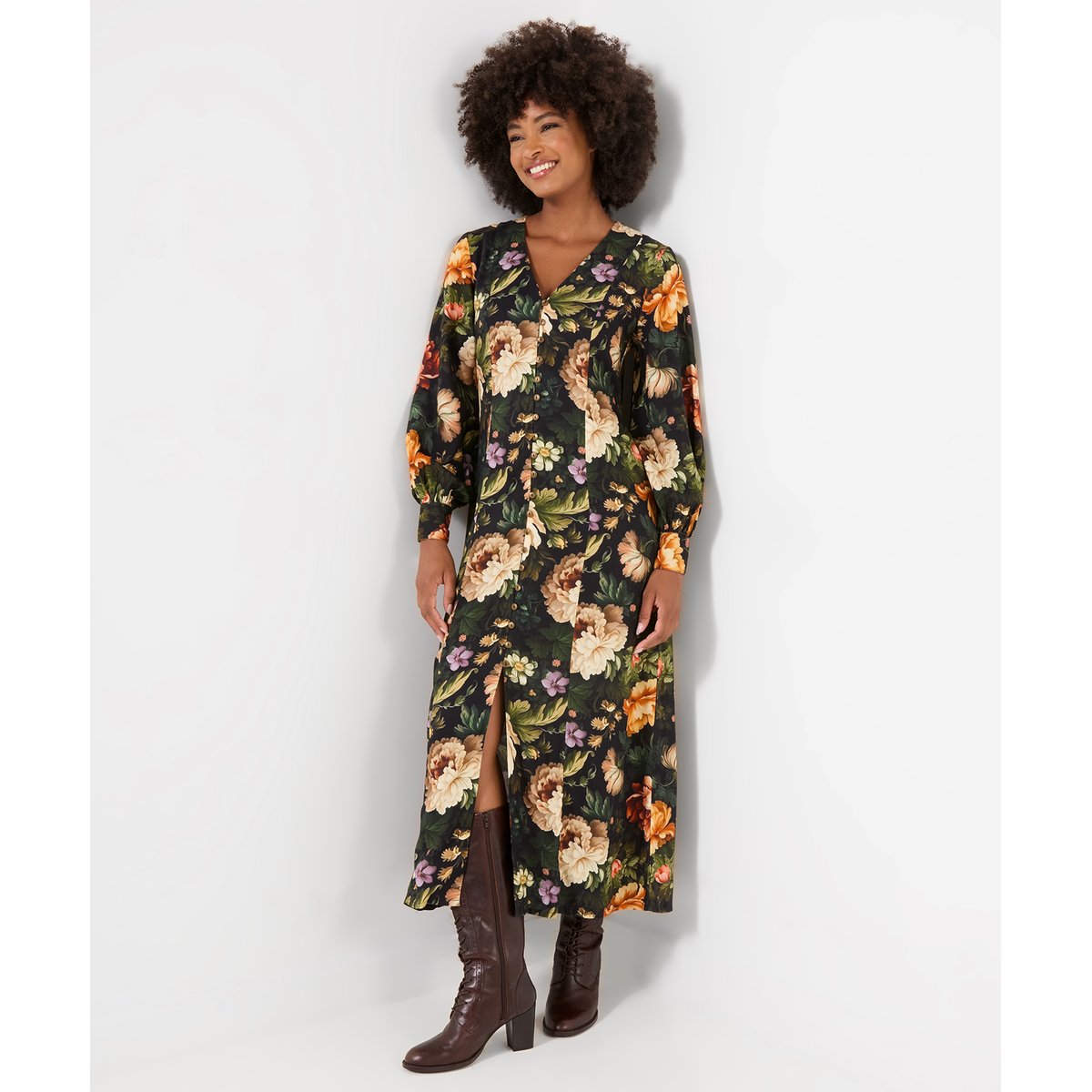 Robe Longue Boutonnée Fleurs Spectaculaires noir, JOE BROWNS