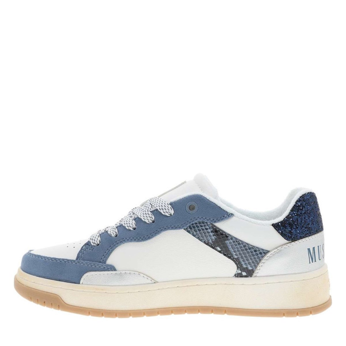 Sneakers écrues à talon plat avec des lacets et motif léopard bleu, MUSTANG