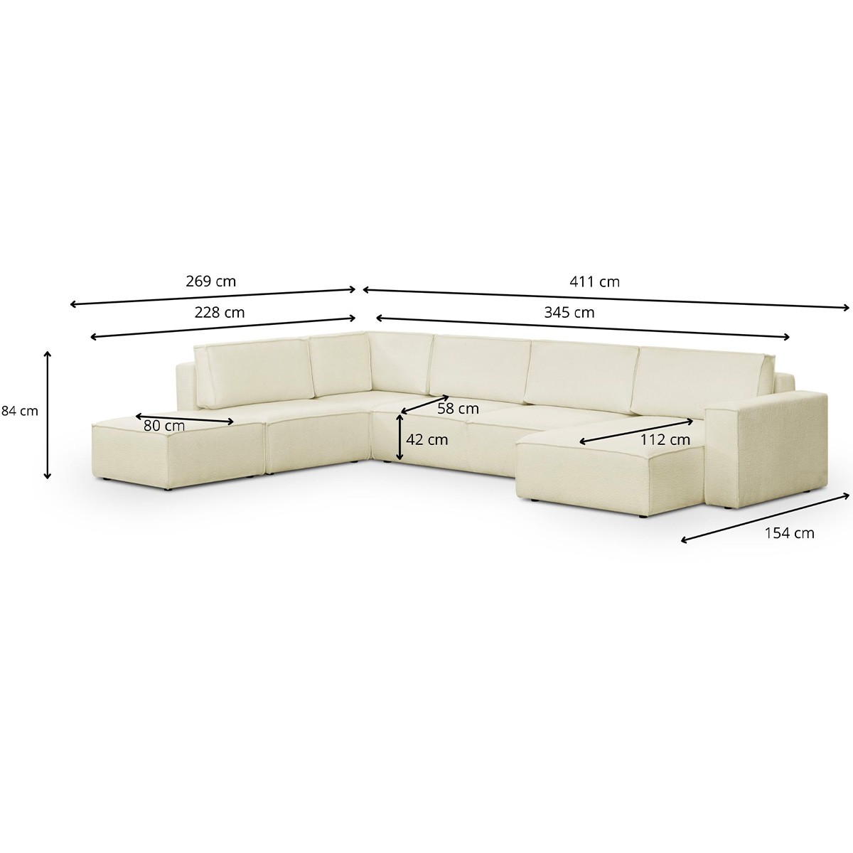 Canapé d'angle gauche convertible 8+1 places en tissu bouclé - HARPER MOD ecru, HOMIFAB