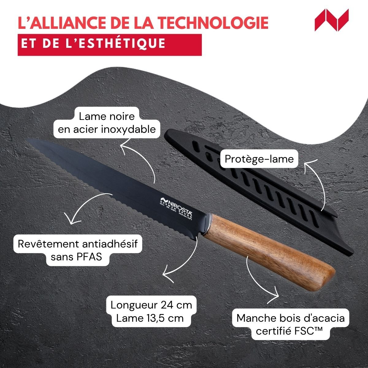 Couteau de cuisine lame crantée 24 cm FLOW bois,noir, NIROSTA