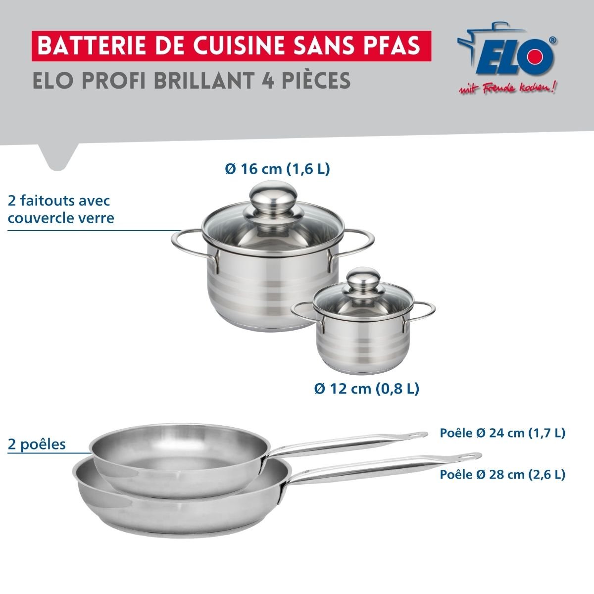 Batterie 2 poêles 24/28cm + 2 faitouts 12/16cm PROFI BRILLANT gris, ELO