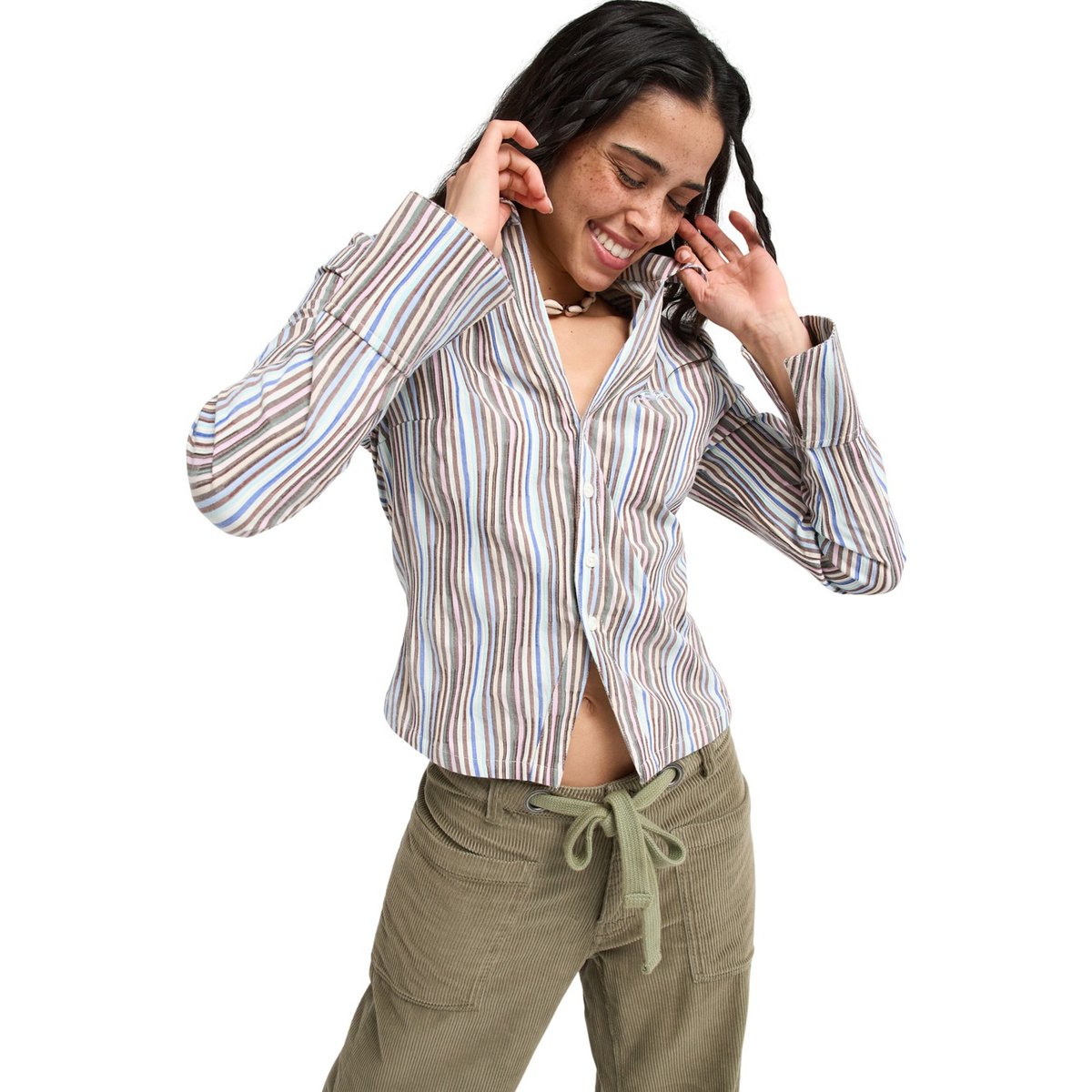 Chemise rayée à boutons WAVE HURRICANE. marron chestnut retro stripe, ROXY