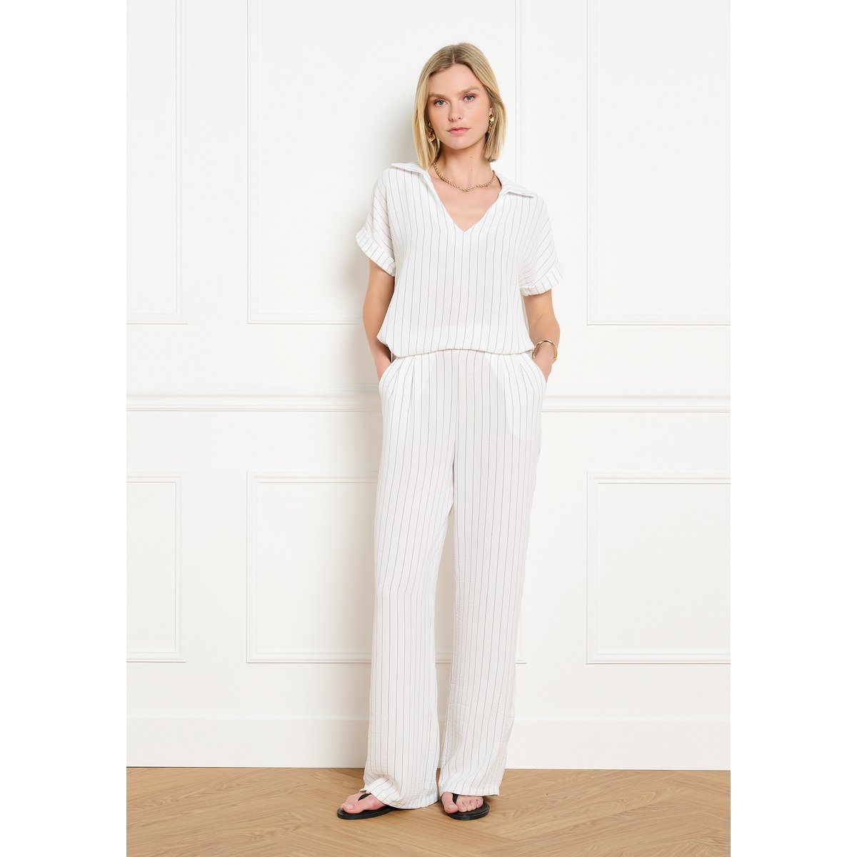 Blouse col ouvert rayée blanc vanille, LOLALIZA