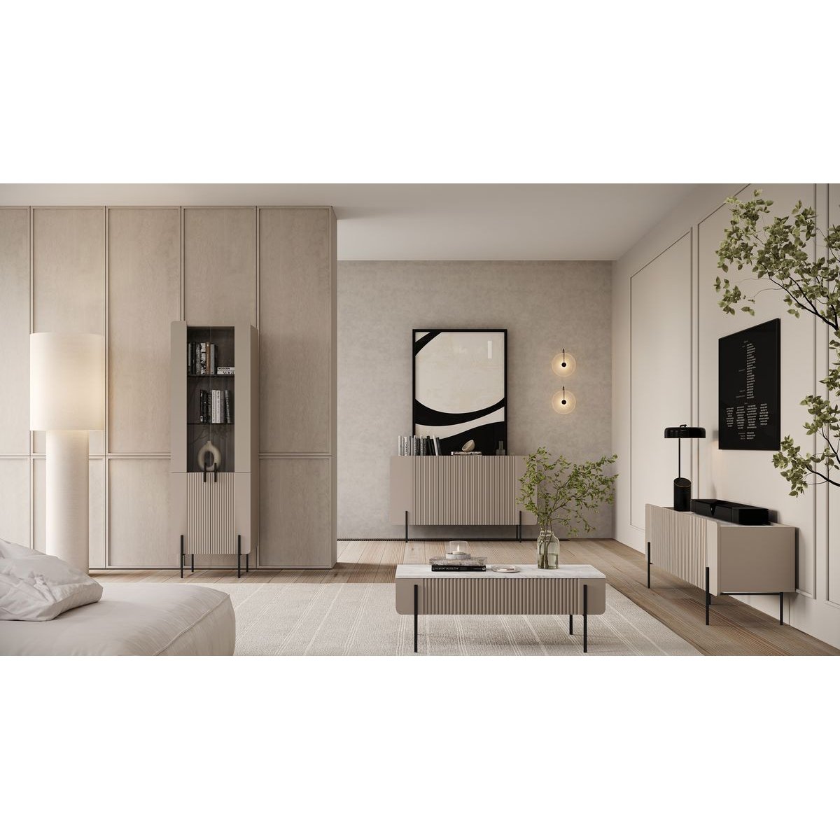 Meuble TV 150 cm panneaux de particules et MDF, MATHILDE beige, BOBOCHIC