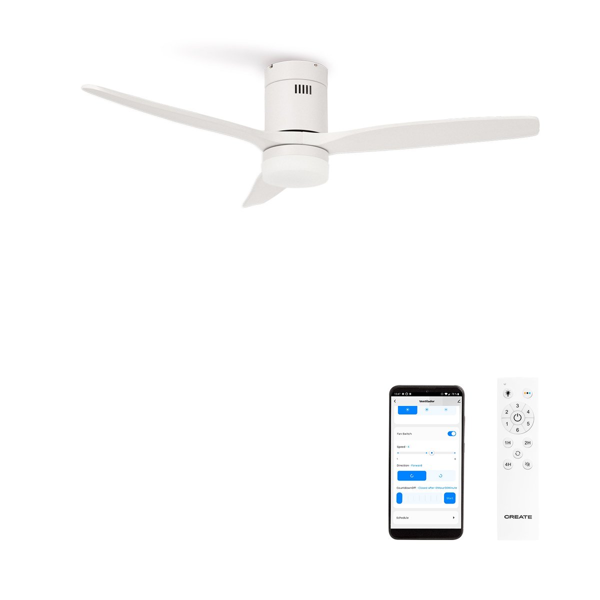 Ventilateur de plafond avec pales techniques en ABS avec lumière et Wi-Fi WIND CALM blanc/blanc, CREATE