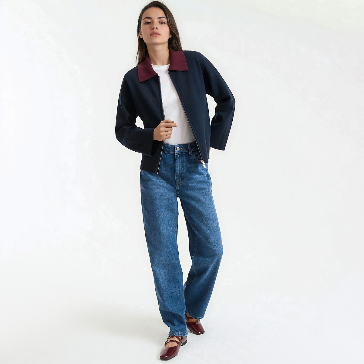 Contrasting Polo Collar Zipped Cardigan navy blue, LA REDOUTE COLLECTIONS