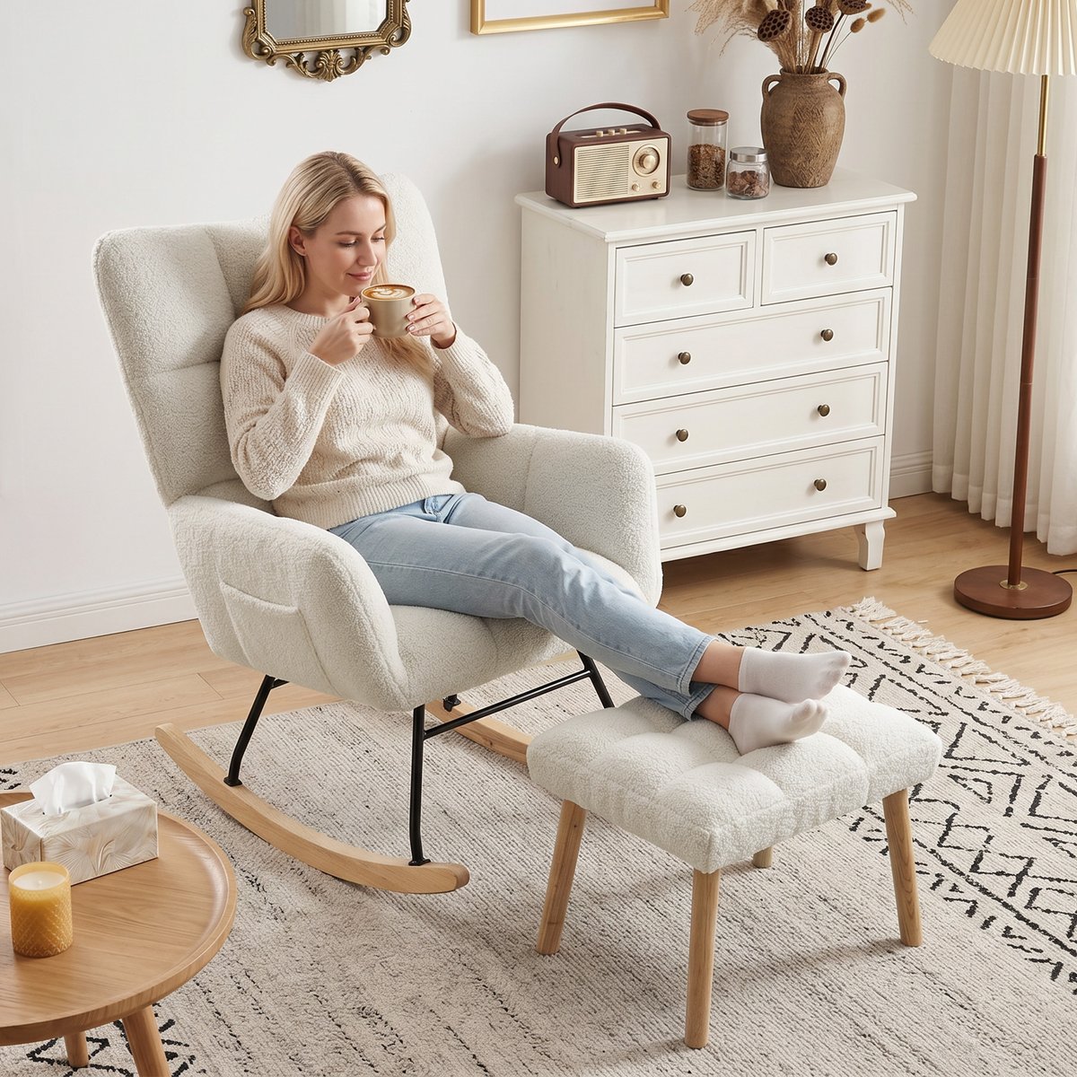 Fauteuil à bascule Tissu bouclette Crème crème, HOMCOM