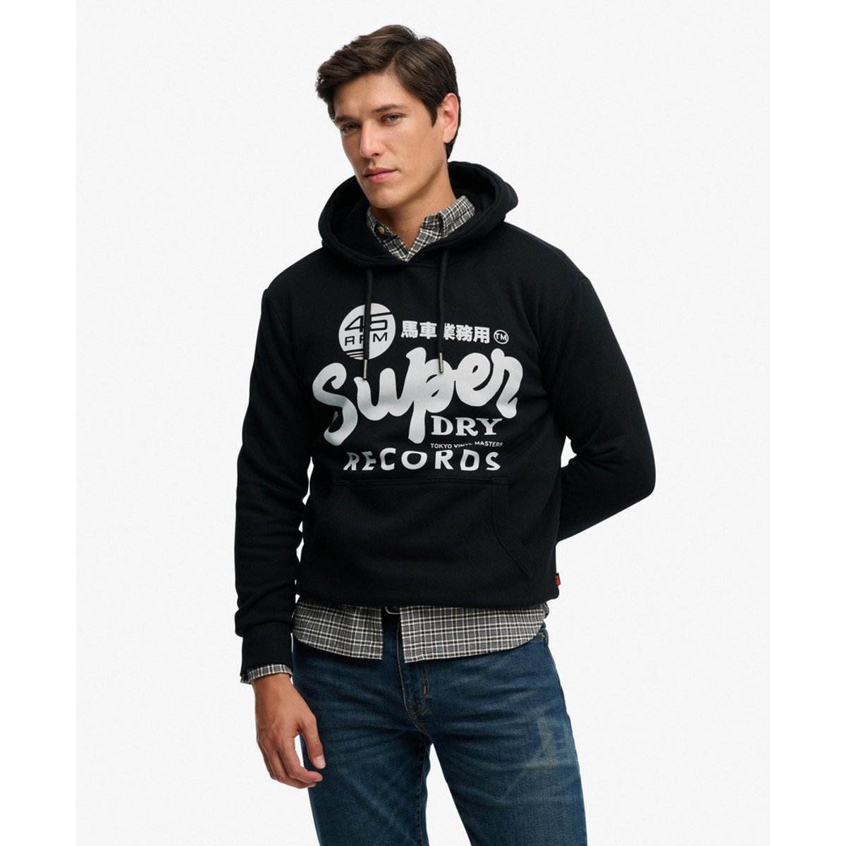 Sweat à capuche Records coupe décontractée noir, SUPERDRY