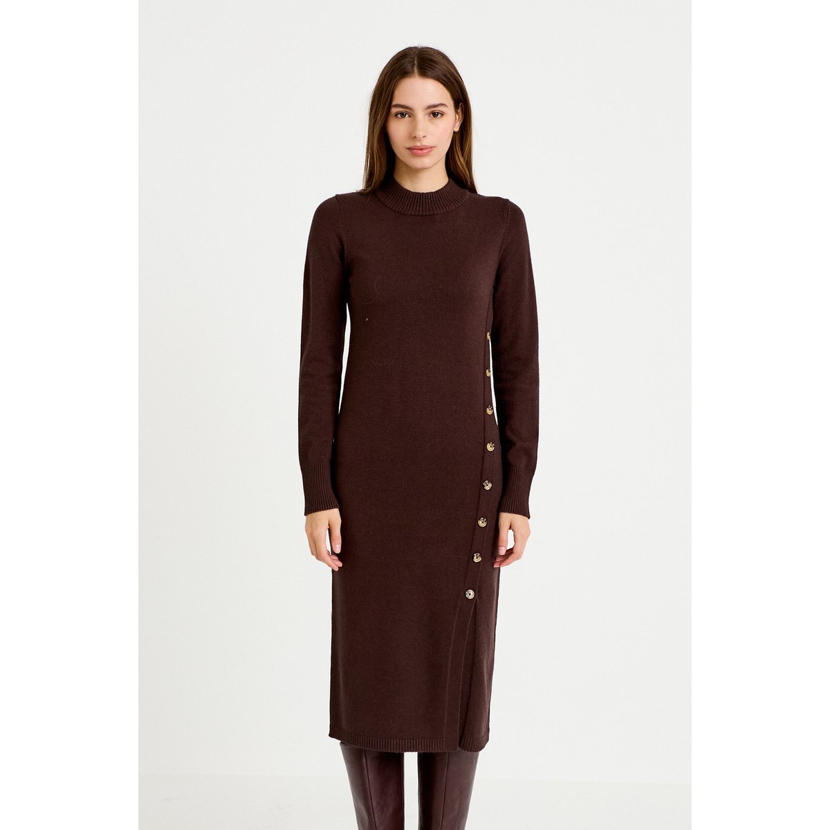 Robe pull ajustée manches longues marron foncé, CACHE CACHE