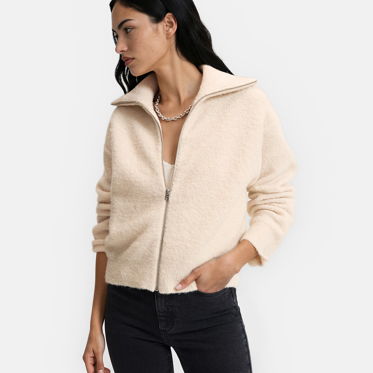 Gilet zippé à col camionneur, en bouclette ecru, LA REDOUTE COLLECTIONS