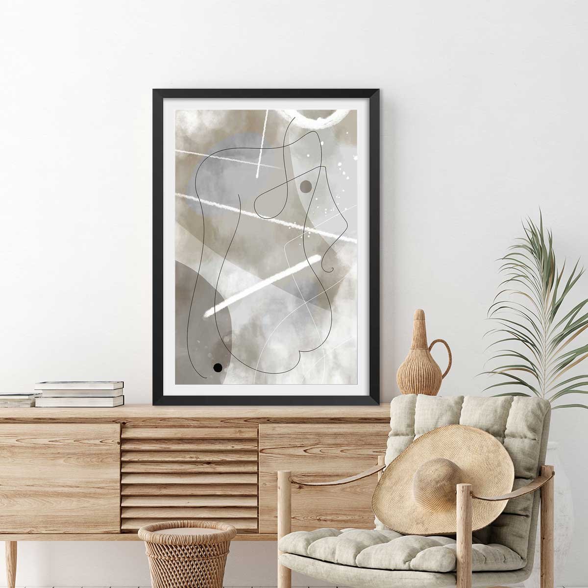 Affiche abstrait et soft line n°1 affiche + cadre en bois - noir, HEXOA