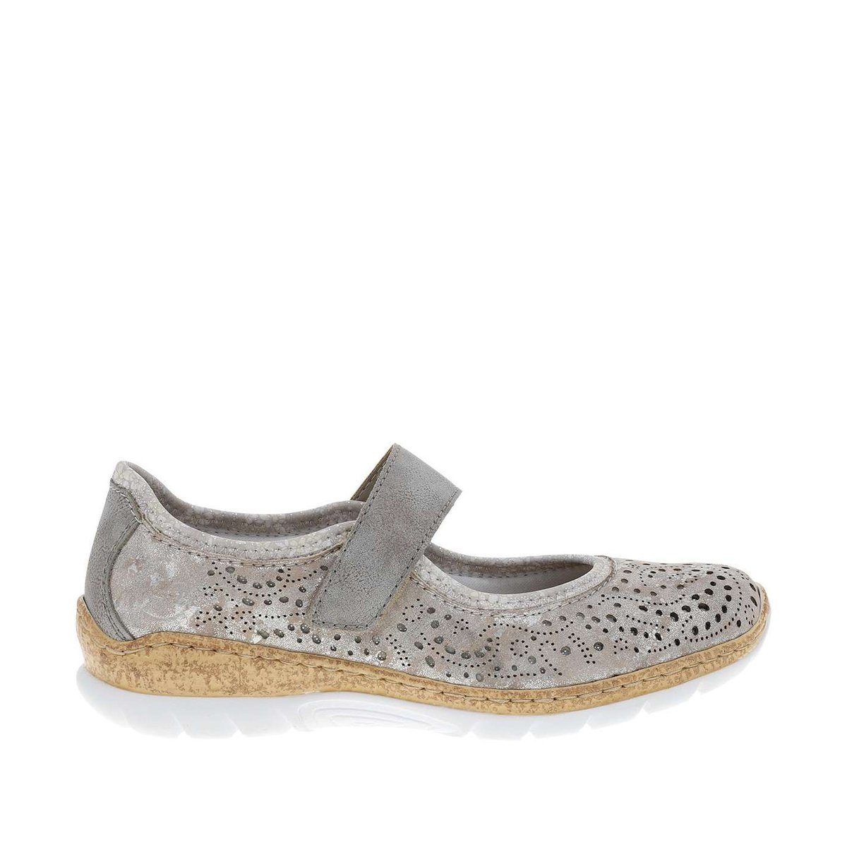 Ballerines grises à talon compensé bas avec une bande auto-agrippante gris, RIEKER