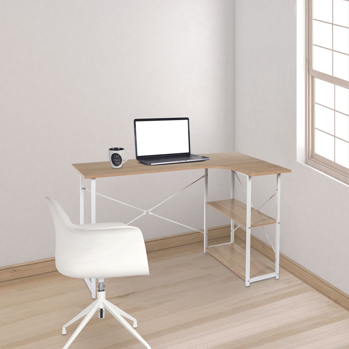 Bureau d'angle 2 étagères design industriel JOB blanc, THE HOME DECO FACTORY