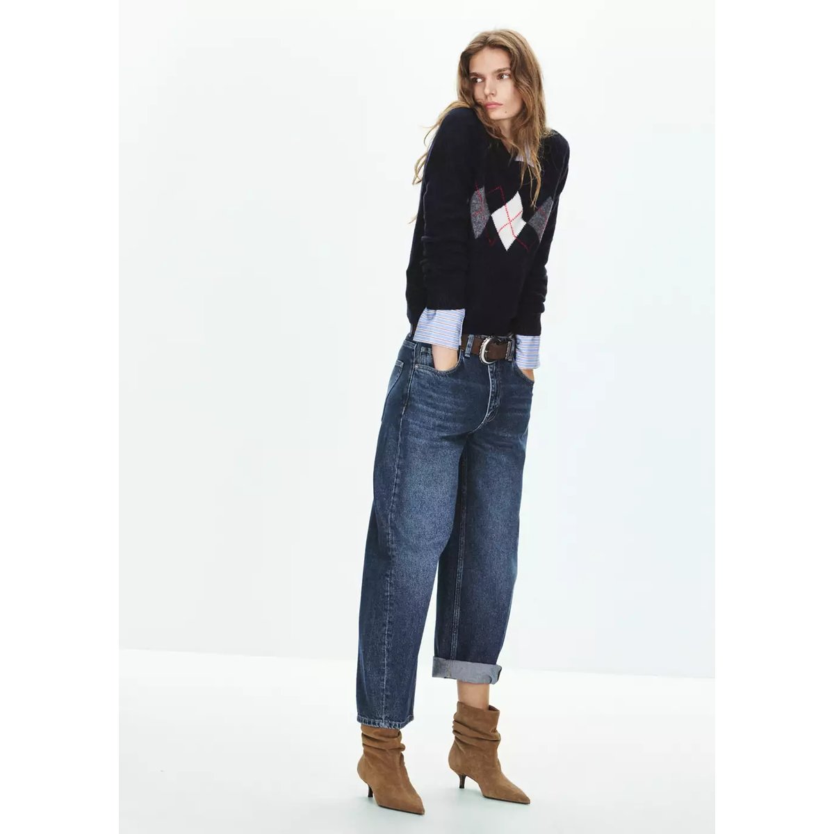 Jean balloon crop bleu foncé, MANGO