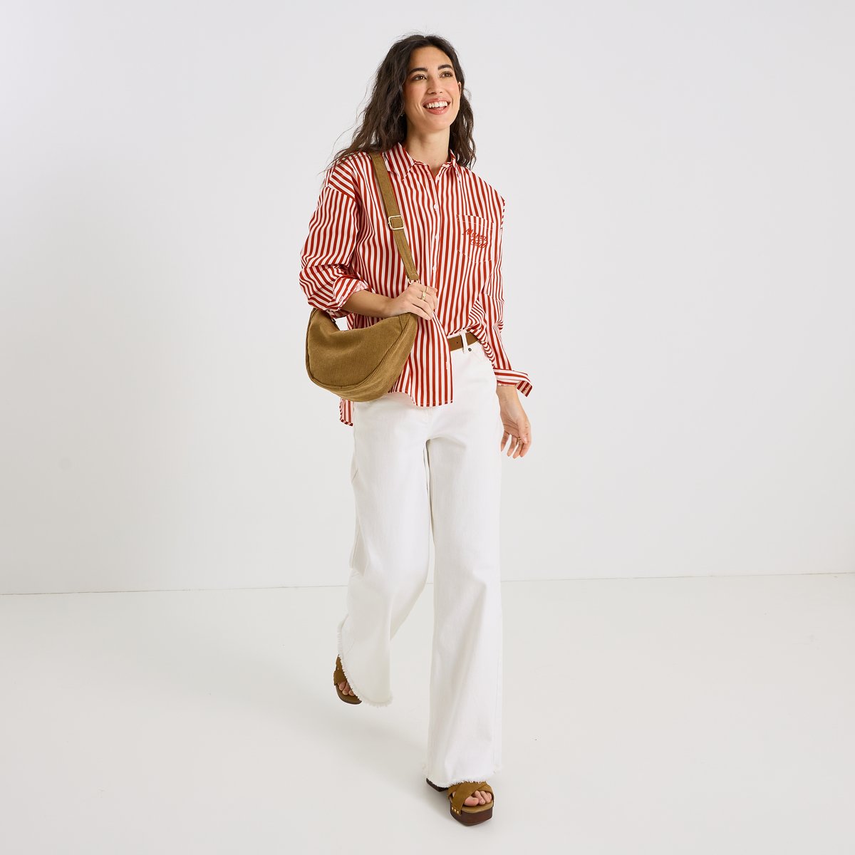 Chemise à rayures avec broderie orange rouge, GRAIN DE MALICE