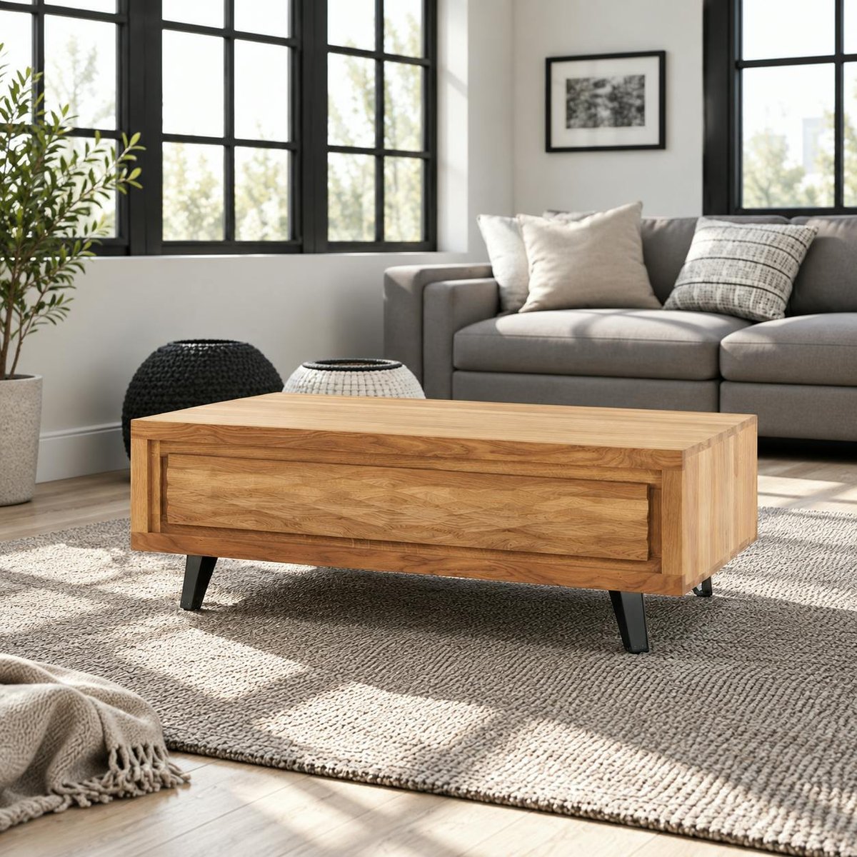 Table basse bois massif - 1 tiroir, frise décorative ROSETO bois naturel, PIER IMPORT