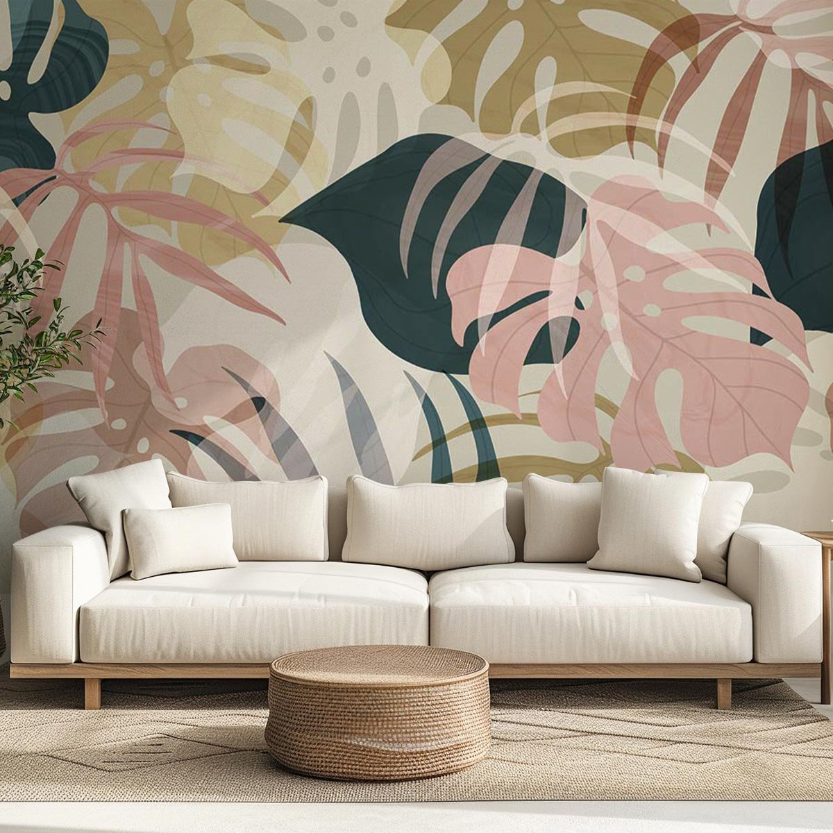 Papier peint feuillage pastel tropical doux et lumineux rose, HEXOA