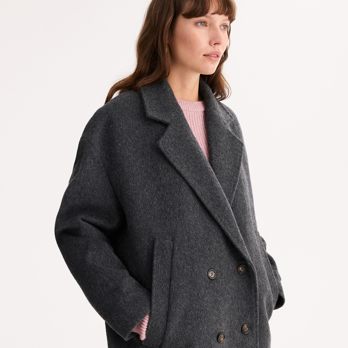 Manteau court, fermeture boutonnée, drap de laine anthracite, ANNE WEYBURN