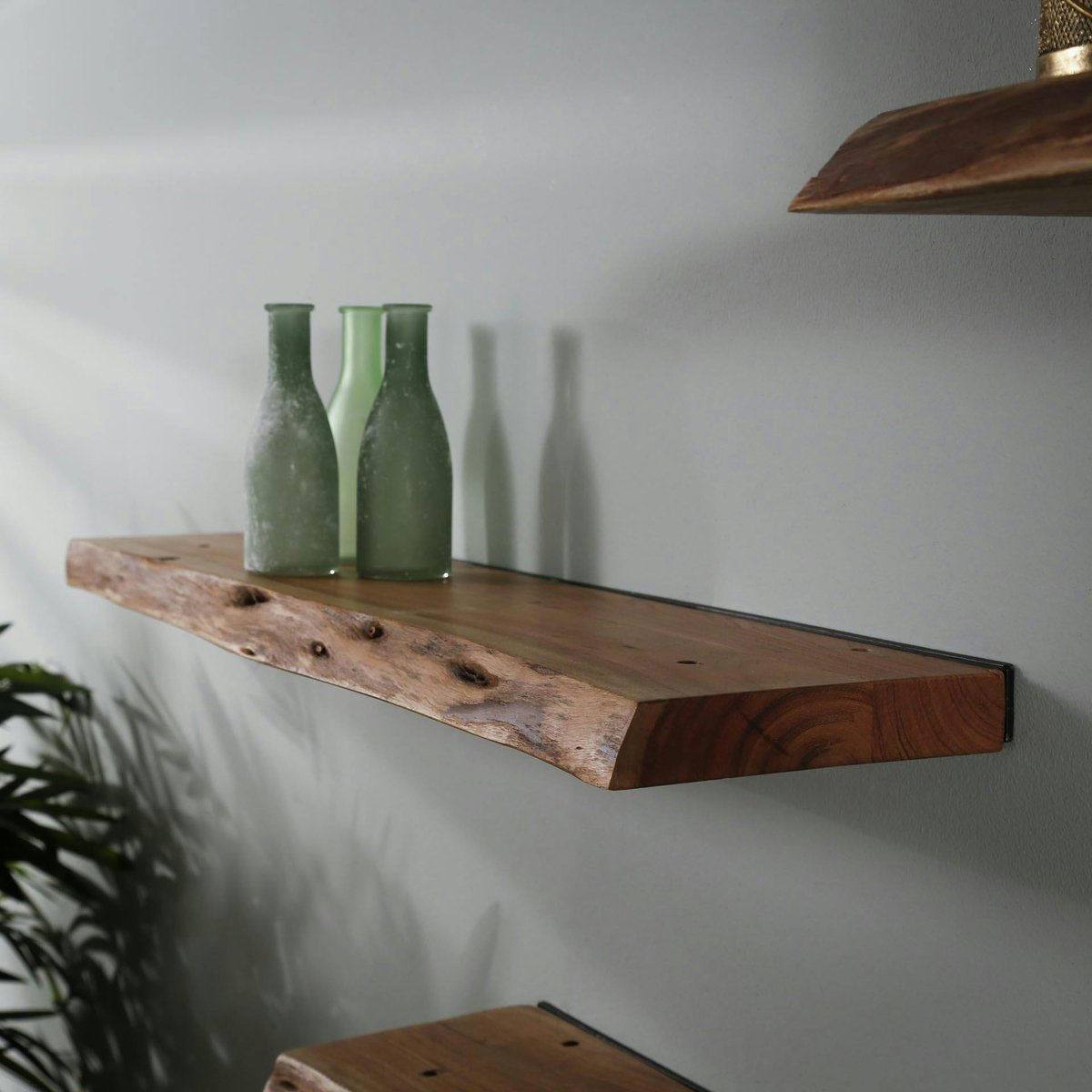 Étagère murale droite en bois massif 90 cm acacia bordure naturelle découpe de bois MELBOURNE bois naturel, PIER IMPORT