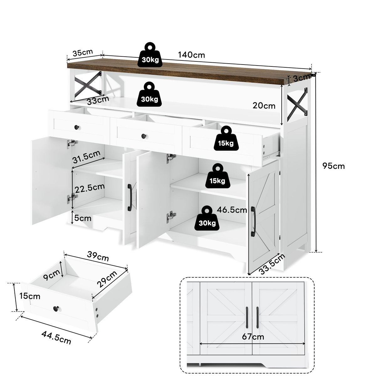 Armoire de rangement avec 4 portes 3 tiroirs et 3 couches, ALBINA Armoire blanc et noyer, MEUBLES COSY