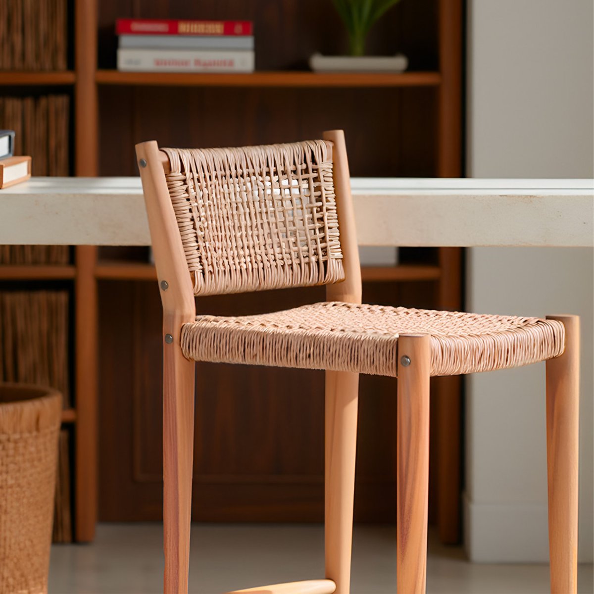 Lot de 2 tabourets de bar intérieur/extérieur en bois d'acacia et résine tressée H65cm- NURI bois clair, DRAWER