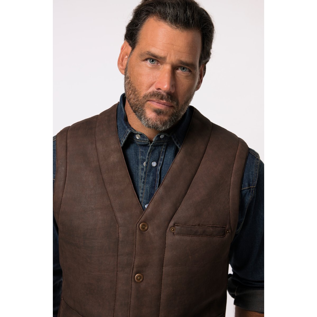 Gilet en cuir véritable, boutons noisette, JP1880